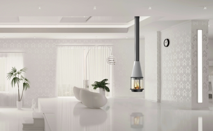 cheminée-suspendue-centrale-utilité-et-beauté-blanche-pièce-minimaliste