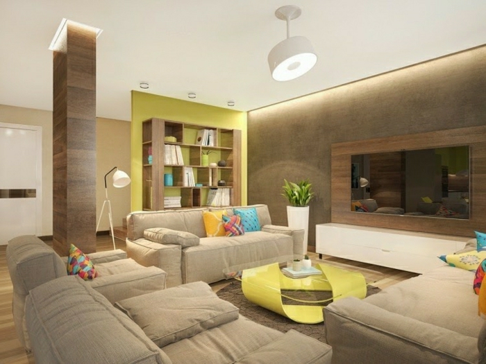 comiche-eclairage-indirect-salon-ave-meubles-taupes-mur-vert-et-beige-joli-salon-moderne