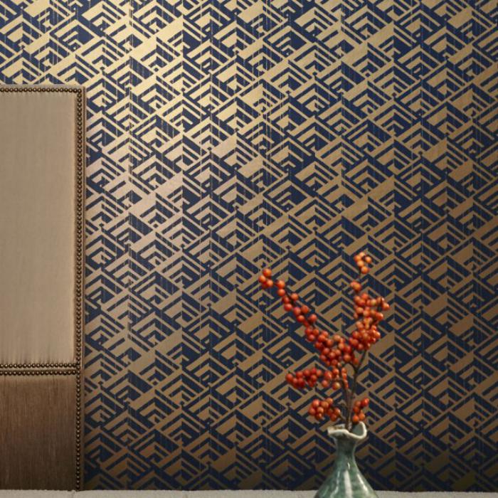papier-peint-de-couloir-bleu-doré-géométrique