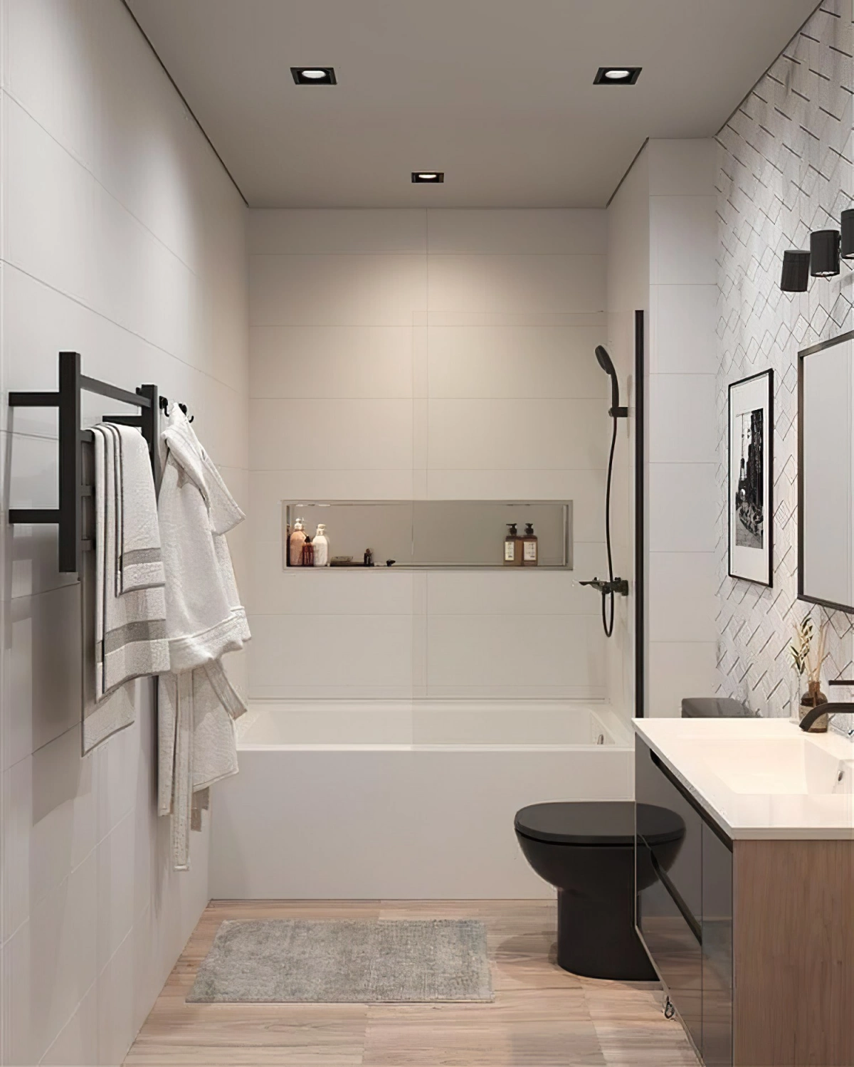 salle de bain moderne carrelage blanc sol bois meuble accents noirs