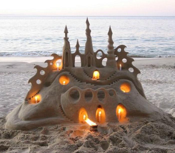 sculpture-de-sable-art-sur-sable-château-illuminé