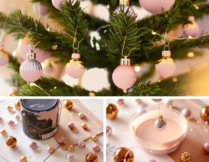 comment réaliser une decoration sapin de noel avec objets customisés, modèles de boules de Noël bicolore en rose métallisé et rose mat