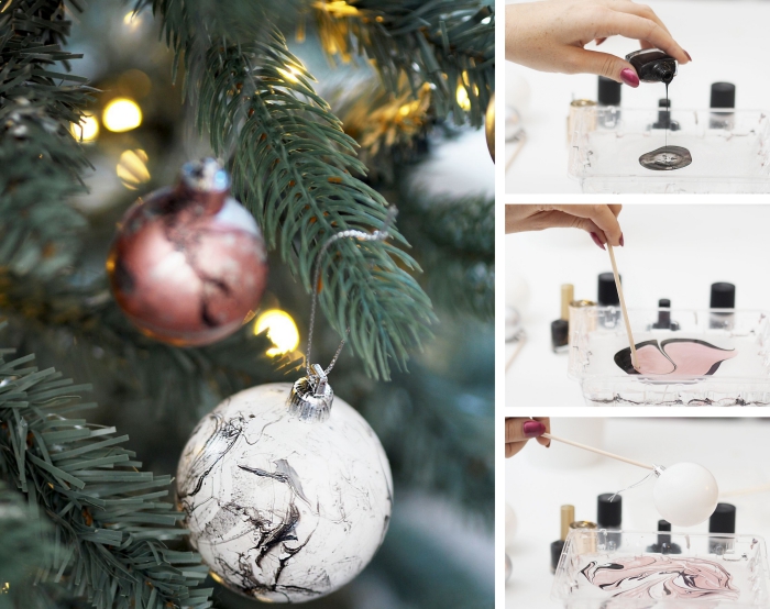 modèle de boule noel personnalisée avec vernis à ongles blanc et noir à effet marbre, pas à pas décoration ornement de Noël 