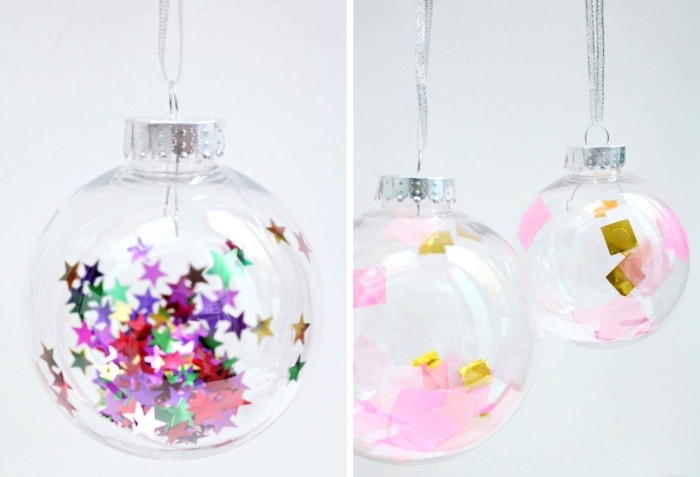 idée de decoration noel a faire soi meme, comment customiser une boule de Noël avec sequins et coupures de papier coloré