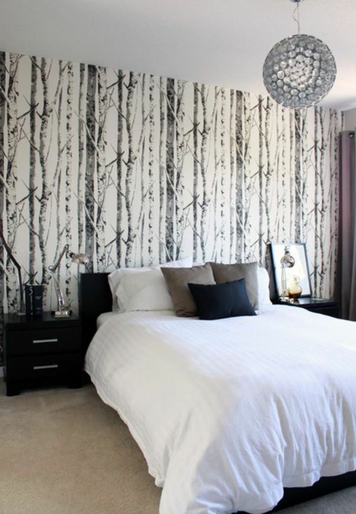 chambre-a-coucher-papier-peint-leroy-merlin-noir-et-blanc-lit-avec-coussins-lustre-boule
