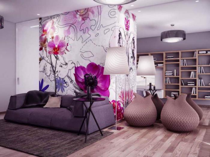 chambre-violette-salon-pourpre-et-étagère-minimaliste