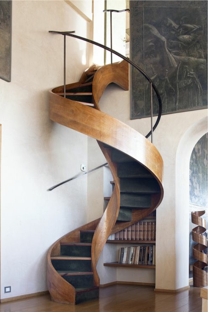 escalier-tournant-en-bois-pour-le-salon-moderne-sol-en-parquet-en-bois-foncé