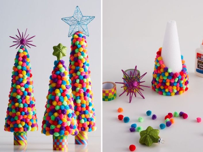 bricolage de noel facile pour creer une jolie decoration de noel et cônes décorés de pompons colorés