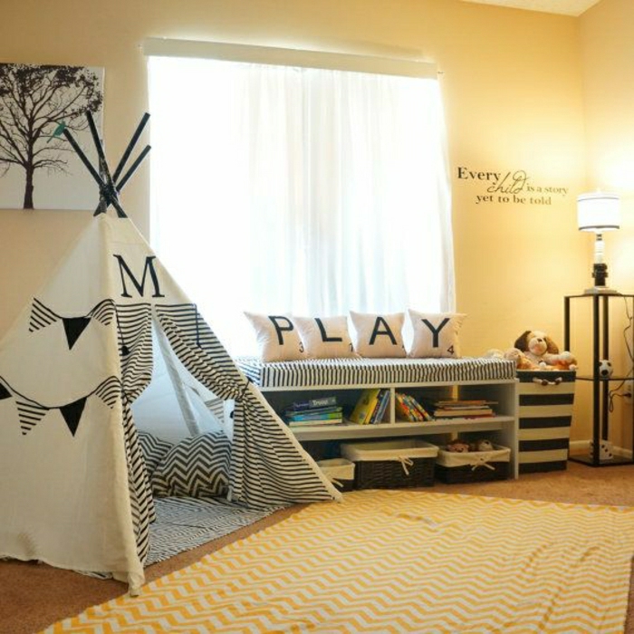 le-tipi-enfant-tente-de-lit-idée-intérieur-chambre-enfant-murs-jaunes