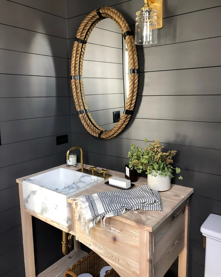 miroir corde revetement mural fonce meuble lavabo bois et marbre