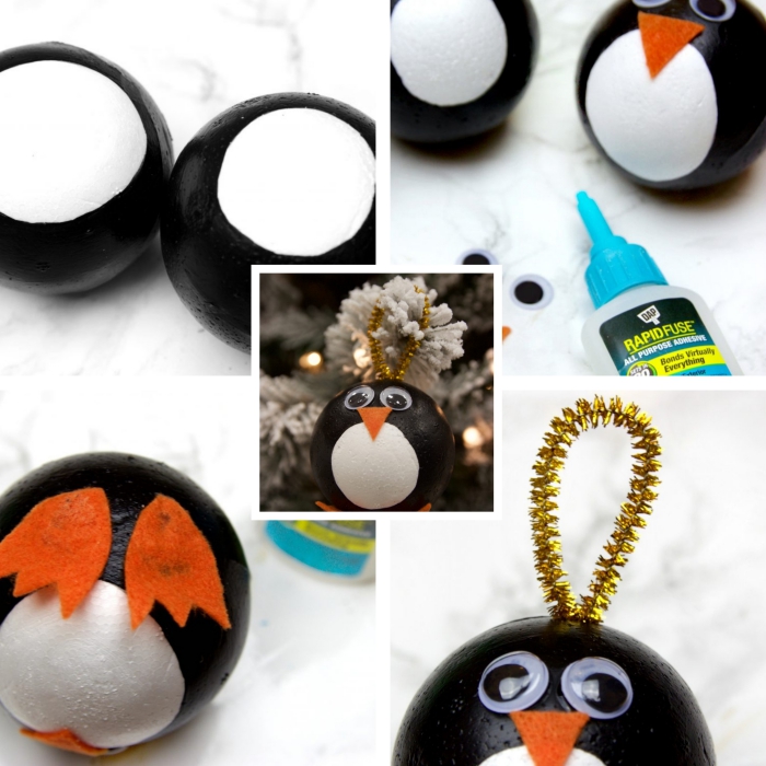 deco de noel a faire soi meme, comment fabriquer un jouet pour sapin en forme animalière facile, ornement de sapin à design pingouin
