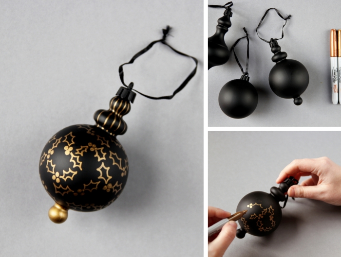 idée deco de noel a faire soi meme, exemple de boules de Noël peinte en noir mat avec dessins motifs Noël en or