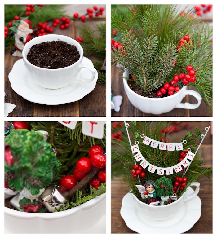 petit terrarium en tasse à thé blanche avec deco de branches de sapin, houx rouge, deco table noel a fabriquer