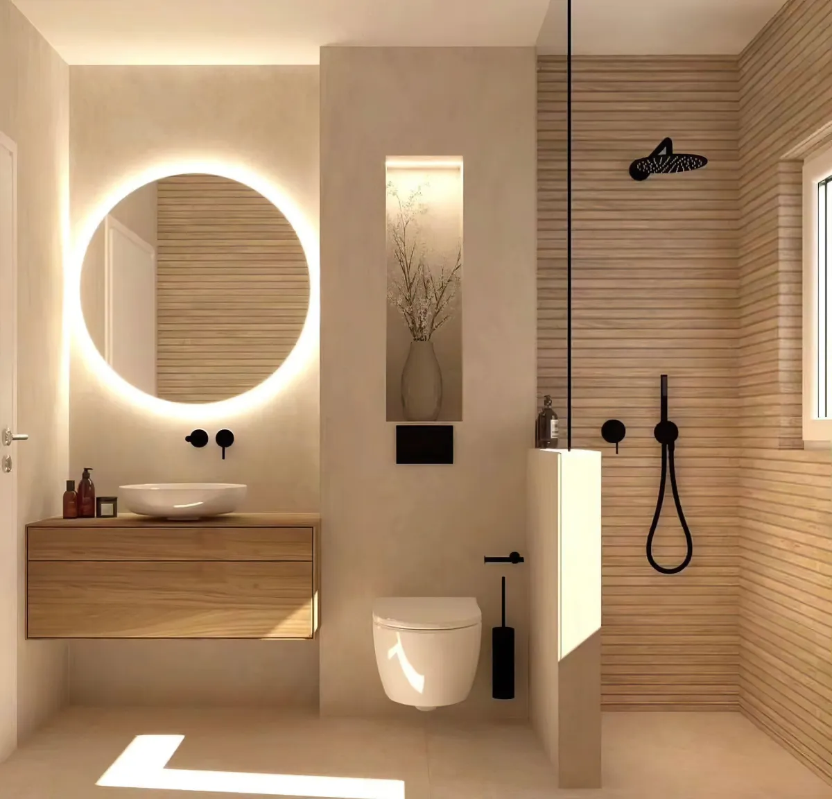 salle de bain beige et bois elements en noir