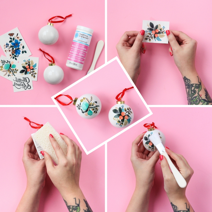 activité manuelle noel facile, tutoriel comment personnaliser une boule de Noël blanche avec stickers autocollants