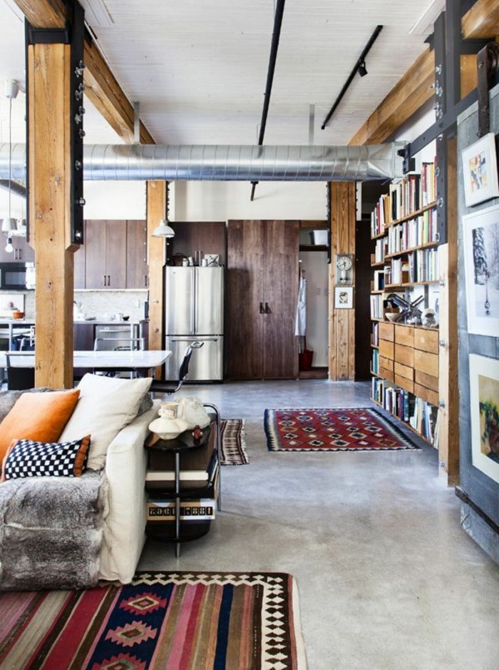 1-salon-meuble-style-industriel-pas-cher-pour-loft-et-associé-tapis-coloré-canape-en-cuir-beige