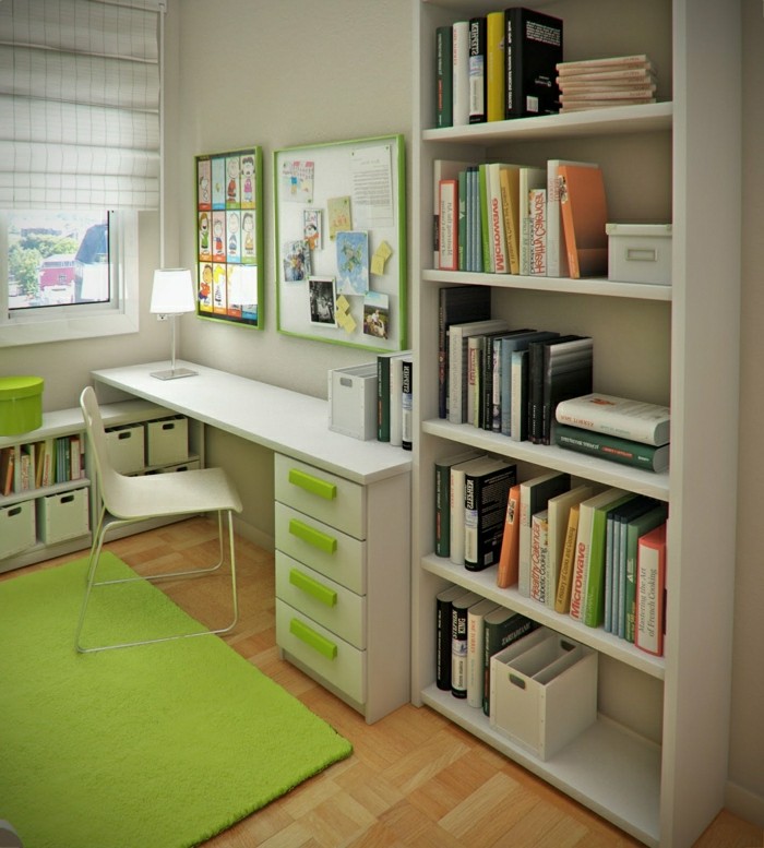 chambre-ado-originale-bureau-étagères-chaise-blanc