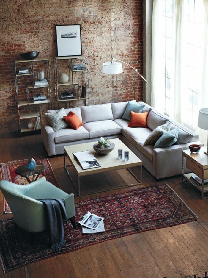 meuble-style-industriel-pas-cher-pour-loft-et-associé-sol-en-parquet-en-bois-mur-de-briques
