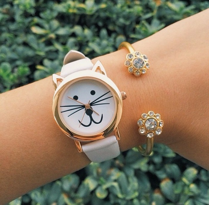 montre-or-rose-homme-cool-stylé-montre-moderne-chat-mignon