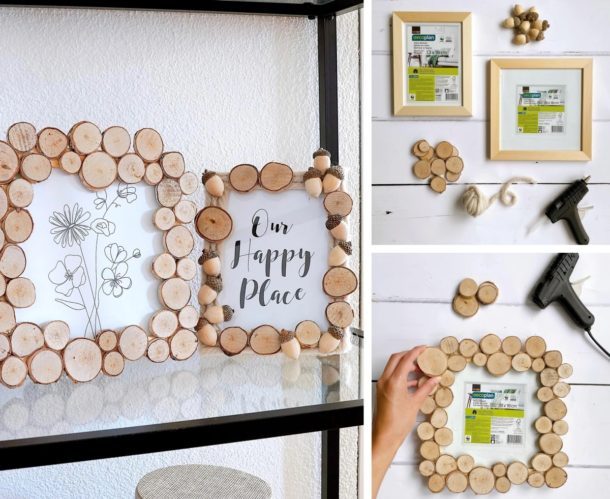 diy cadre photo personnalise rondelles bois colle chaude pistolet