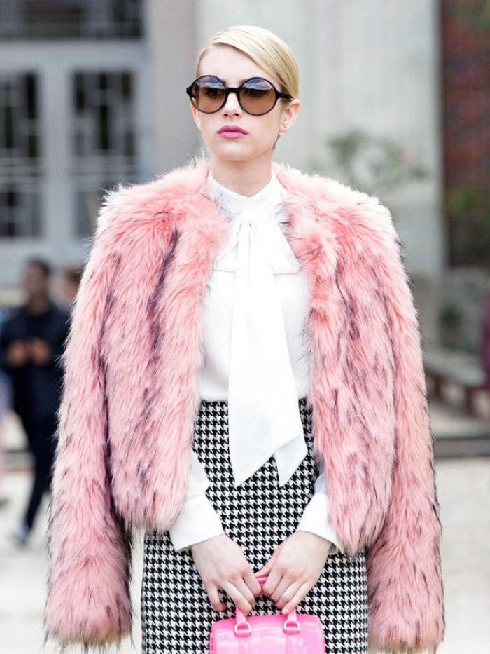 manteau-en-fausse-fourrure-rose-style-élégant-noir-et-blanc