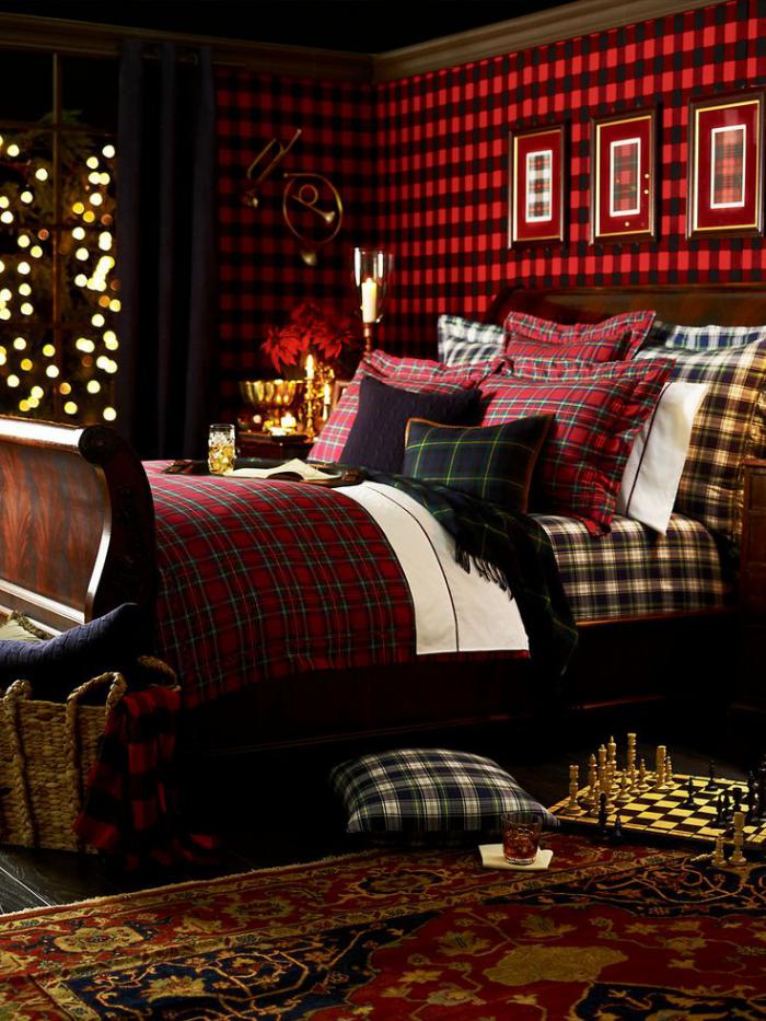 tissu-écossais-décorer-le-lit-et-les-murs-avec-un-carré-écossais