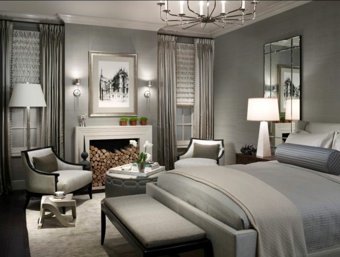 Agréable-ambiance-dans-la-belle-pièce-peinte-en-couleur-tendance-pour-chambre-à-coucher-tout-en-gris