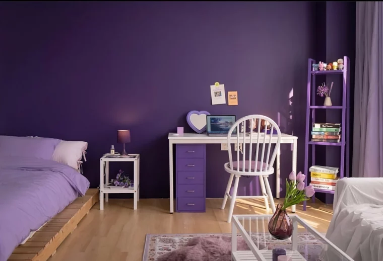 deco chambre enfant ado mur peinture violet bureau blanc sol bois