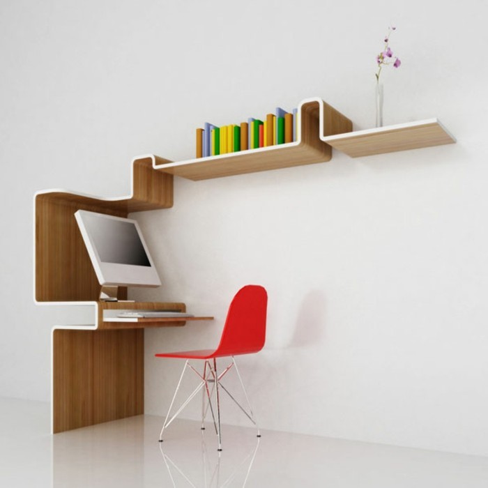 petite-bibliothèque-murale-en-bois-et-jolie-chaise-rouge-mur-blanc-sol-blanc