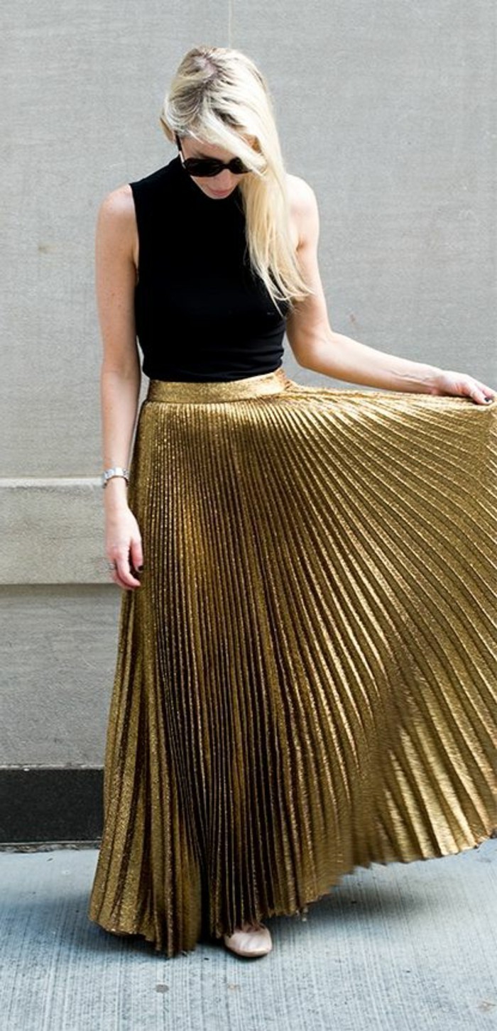 0-joli-jupe-longue-plissée-tissu-en-or-femme-mode-tendances-pour-2016