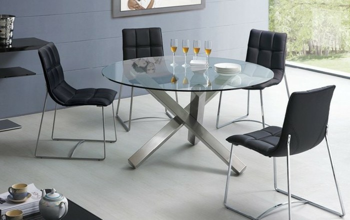 aménagement-table-ronde-verre-cuisine-ouverte-table-ronde-avec-rallonge-beau-chaises