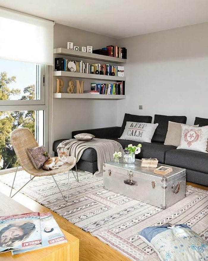 joli-salon-meubles-chic-tapis-coloré-sol-en-parquet-murs-beiges-plafond-blanc-aménagement-petit-salon