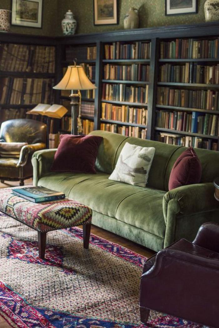 canapé-vert-intérieur-syle-traditionnel-grande-bibliothèque