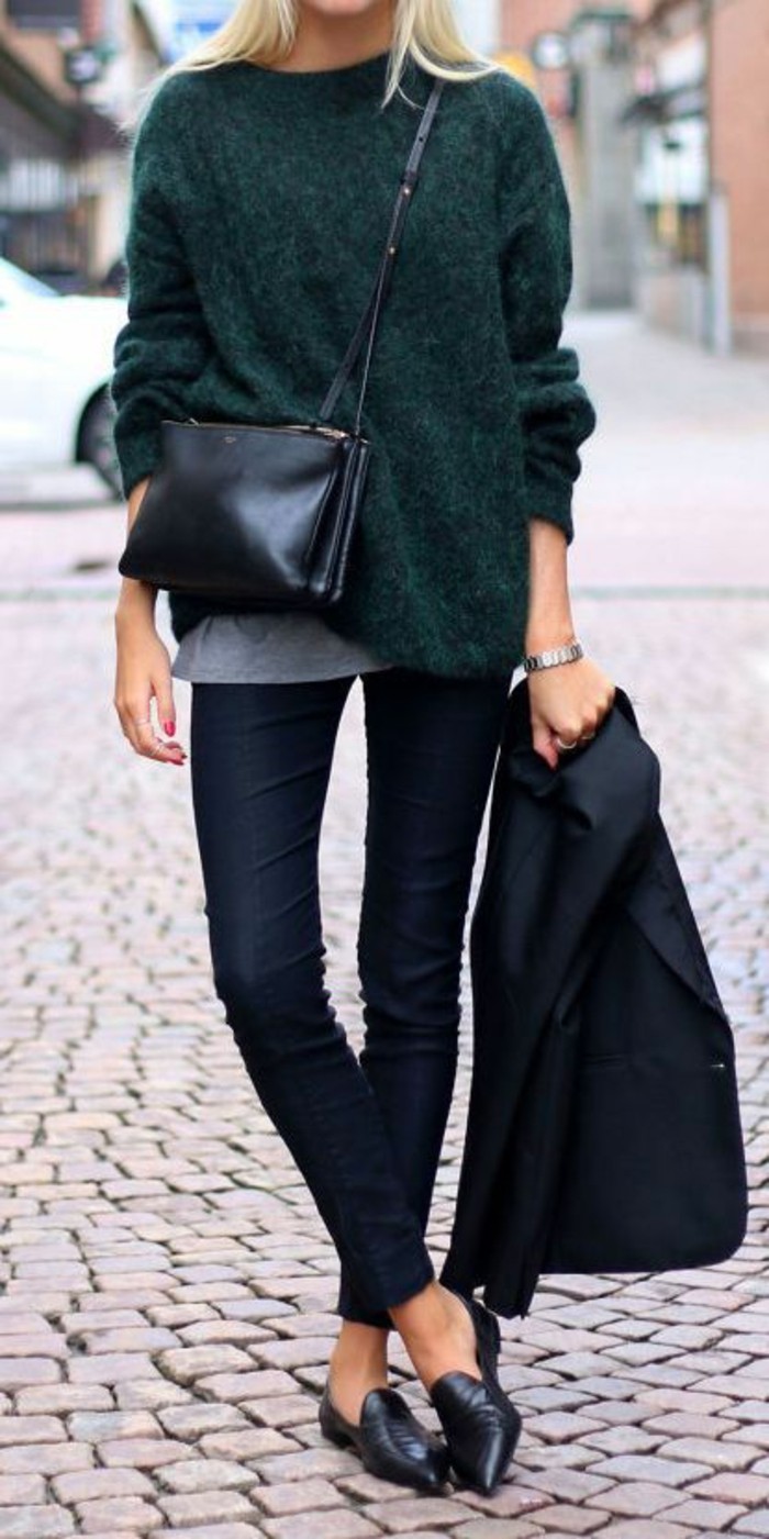sac-bandouliere-en-cuir-noir-jeans-slim-pull-vert-foncé-bien-s-habiller-femme-tendances-2016
