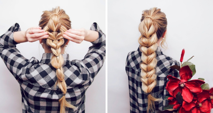 quelle coiffure pour la Saint Valentin, coiffure facile pour cheveux longs attachés en grosse tresse romantique