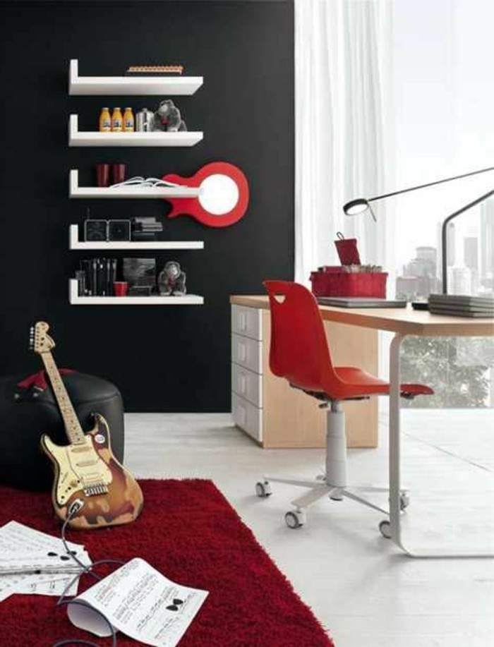 chambre-ado-garcon-tapis-rouge-meubles-ado-garcon-idee-deco-mur-en-gris-foncé