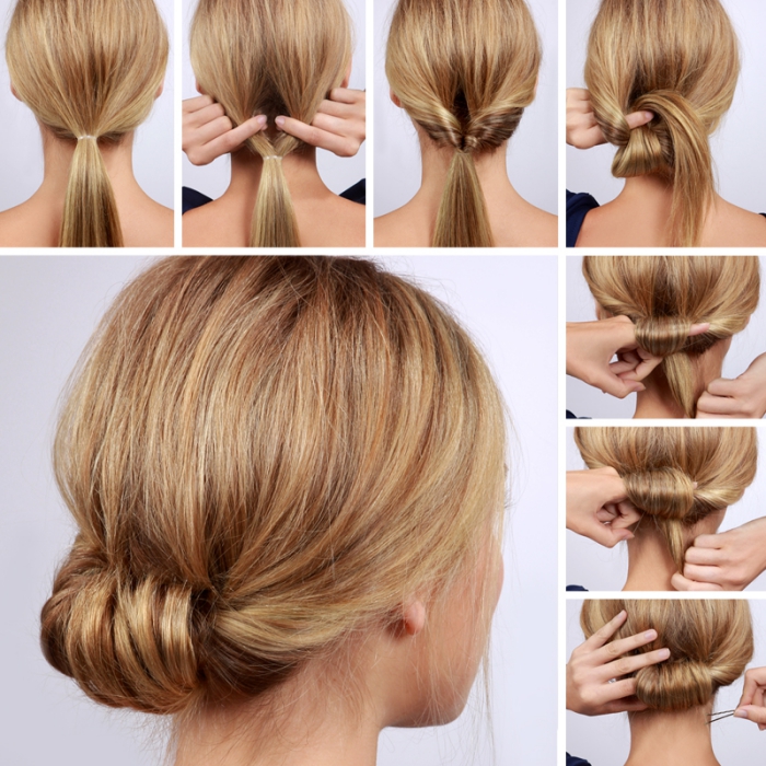 comment réaliser une jolie coiffure, coiffure facile, étapes à suivre pour faire un chignon bas original avec mèches twistés