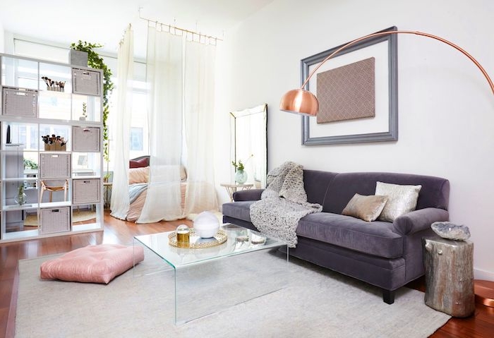 aménagement petit studio 20 m2 avec canapé gris, table en verre et coin chambre séparé d un rideau transparent, etagere meuble de separation