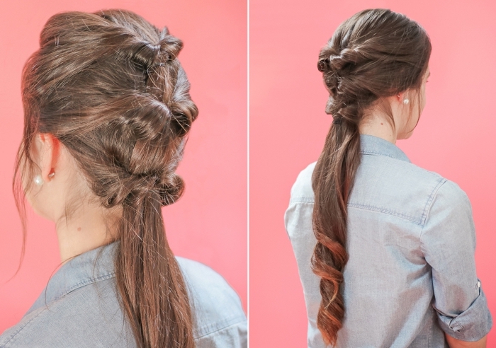 idée coiffure romantique pour cheveux longs, exemple de coiffure avec tresse en queue de cheval, coiffure simple et rapide