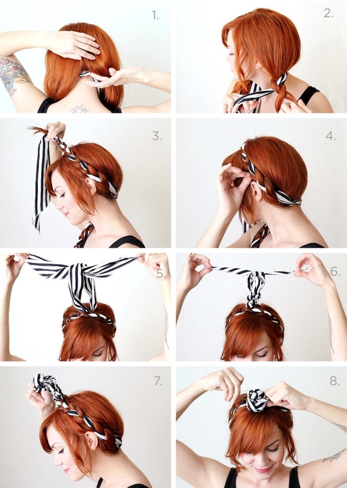 comment se faire une coiffure facile avec frange et bandana, idée coiffure avec foulard, coiffure femme cheveux long