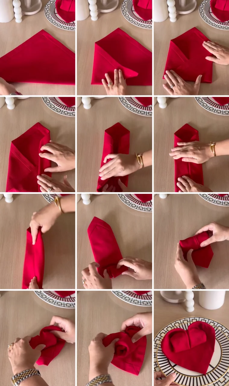 deco table saint valentin pliage serviette coeur tissu rouge