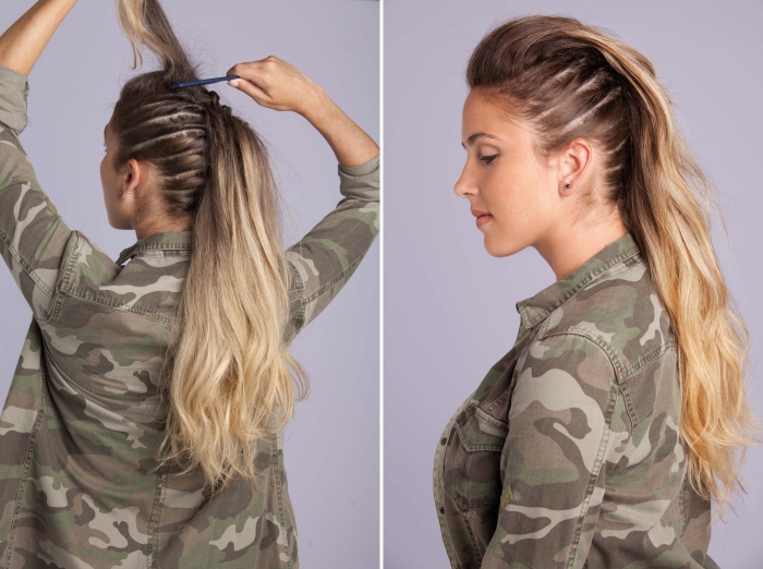 exemple de coiffure viking pour femme, idée coiffure avec cheveux attachés et volume sur le haut, tresse cheveux long