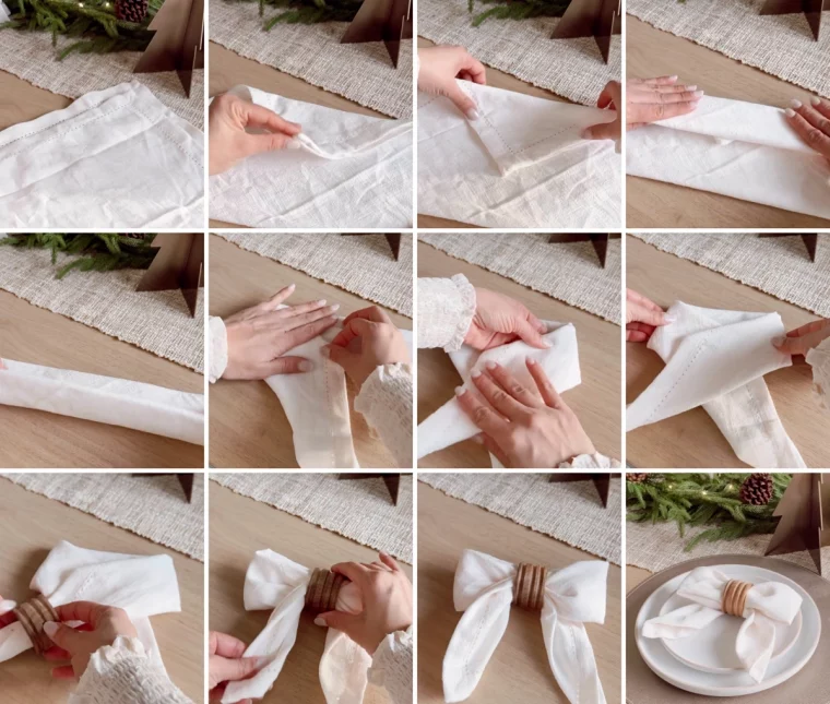 methode pliage serviette tissu chic en forme de noeud papillon blanc