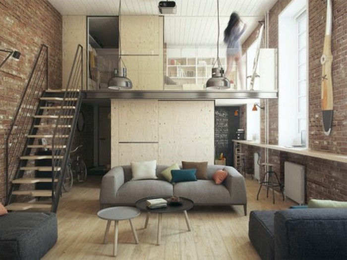 studio-chic-moderne-style-industriel-mur-en-briques-rouges-escalier-en-fer-sol-en-parqeut-clai