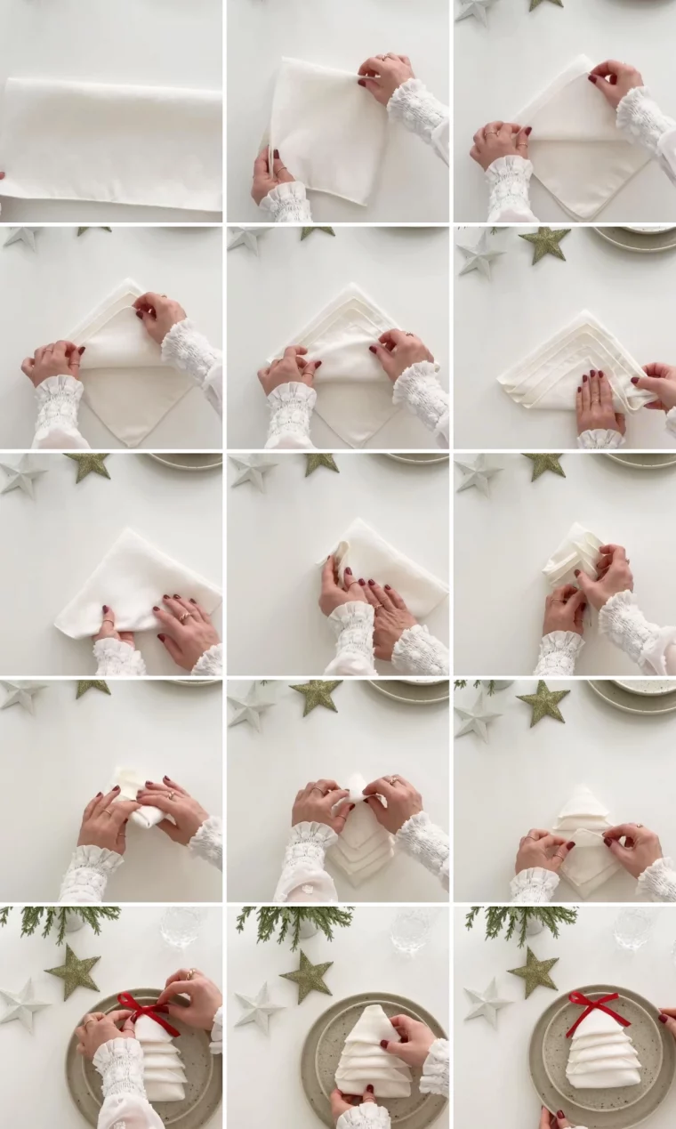 technique pliage sapin arbre noel serviette tissu blanc noeud papillon rouge