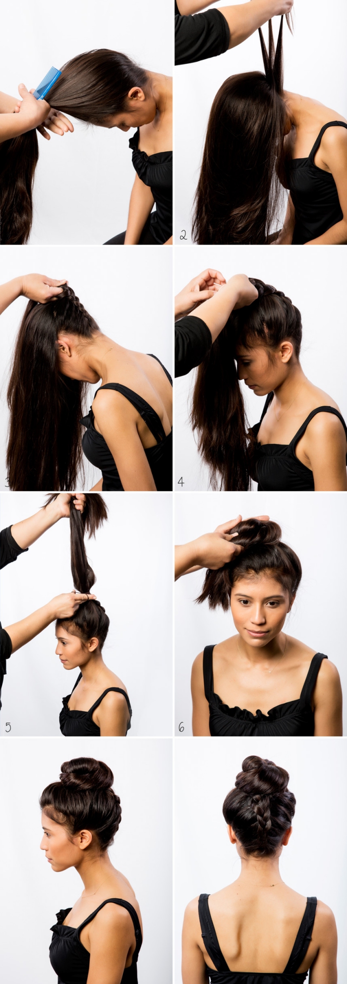 chignon facile cheveux long, étapes à suivre pour faire une coiffure cheveux attachés, réaliser une tresse inversée
