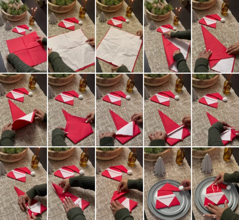 tuto pliage 2 couleurs serviette papier chapeau pere noel