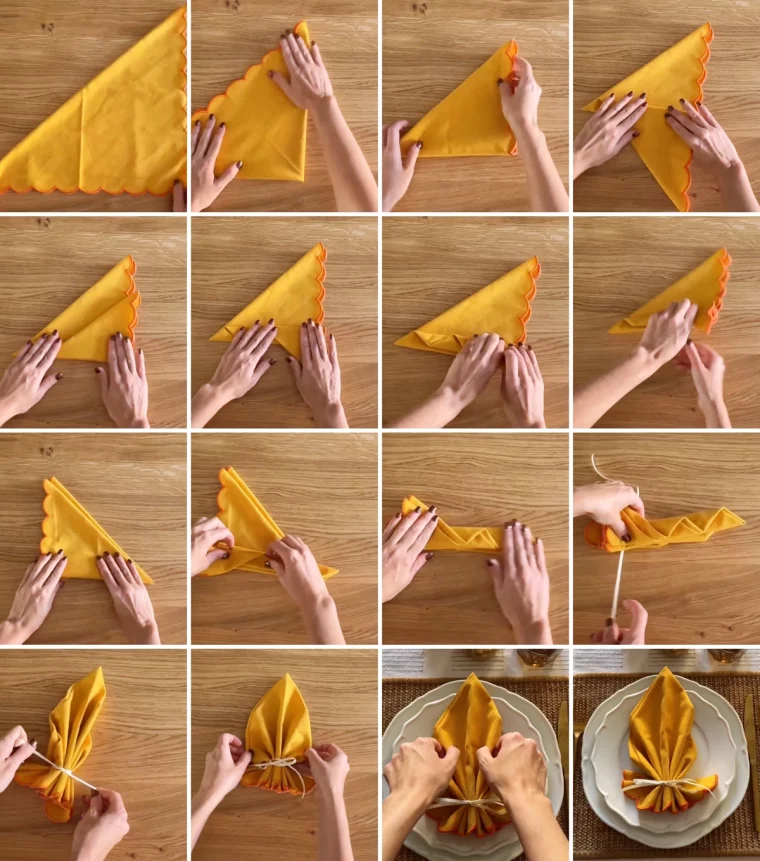tuto pliage de serviette facile en forme de feuille doree