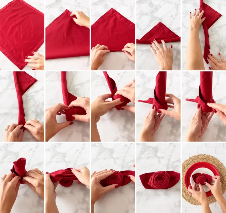 tuto pliage serviette fleur origami rose tissu rouge surface marbre