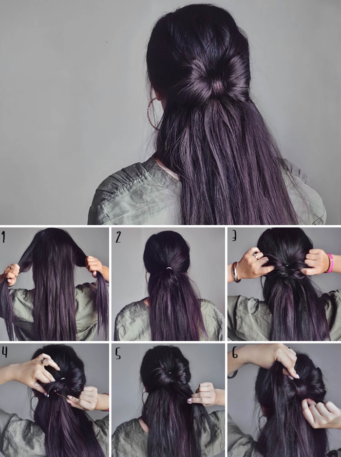comment réaliser une coiffure sur cheveux longs, exemple comment faire un noeud papillon sur cheveux épais